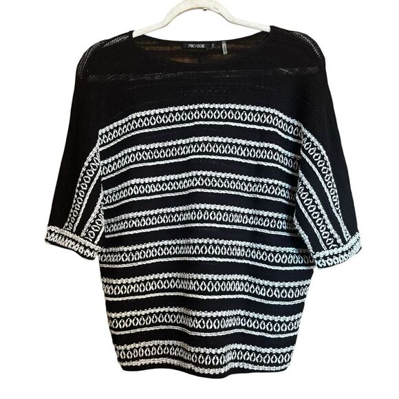 NIC+ZOE Sweater Top Petite Medium Black White Knit Stripe Pullover Linen Blend - Picture 1 of 9